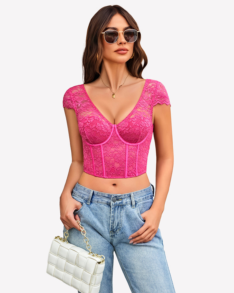 Pink floral lace bustier crop top, cap sleeves, sweetheart neckline