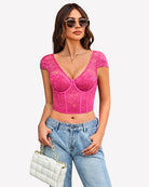Pink floral lace bustier crop top, cap sleeves, sweetheart neckline