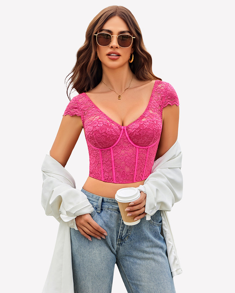 Pink floral lace bustier crop top, cap sleeves, sweetheart neckline, corset seams