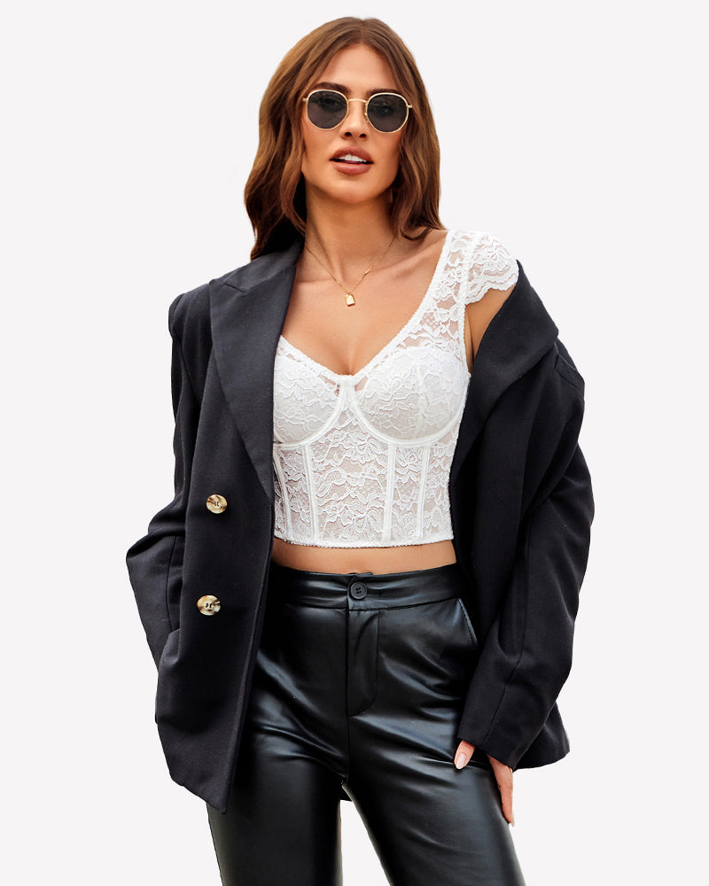 White floral lace bustier crop top with V-neck and cap sleeves