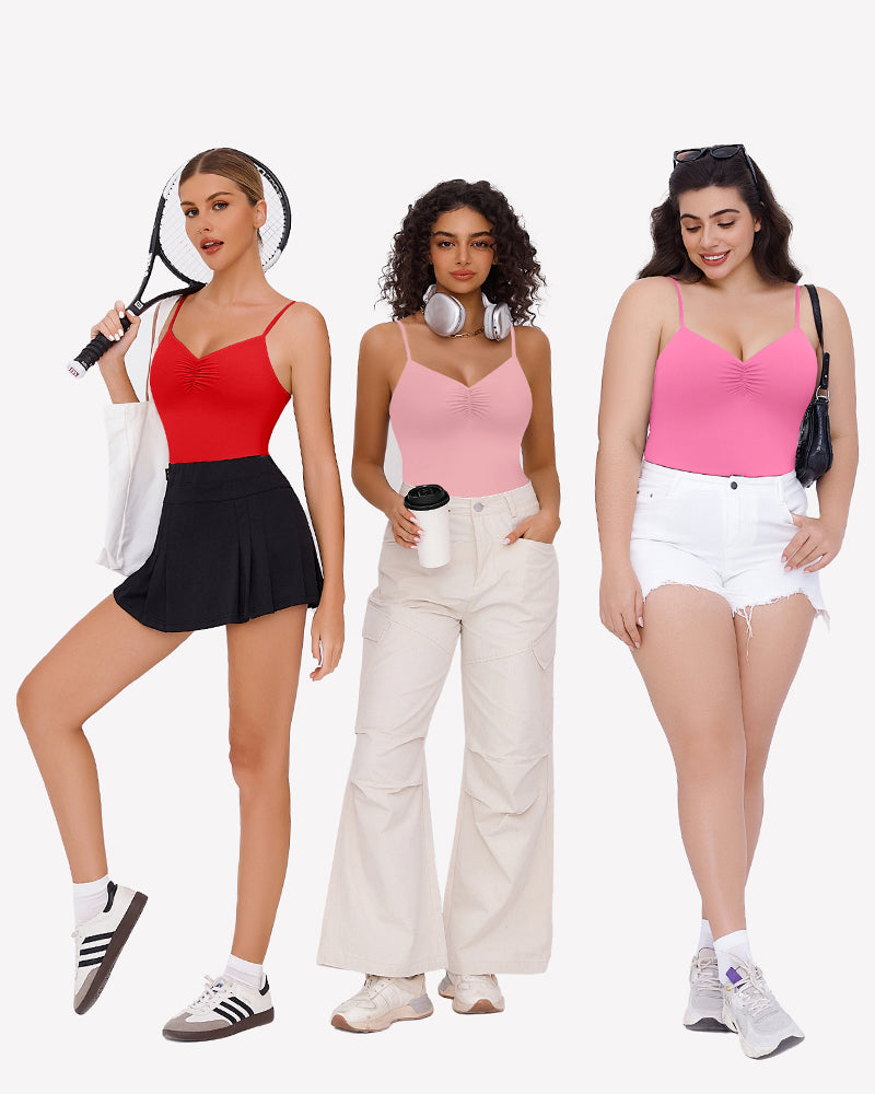 Ruched V-neck thong bodysuits in red and pink, each with thin spaghetti straps