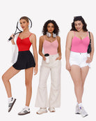 Ruched V-neck thong bodysuits in red and pink, each with thin spaghetti straps