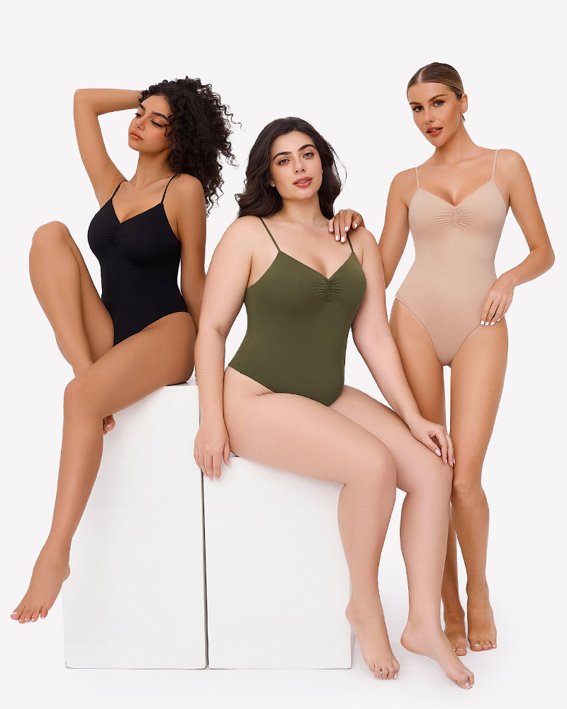 Ruched V-neck thong bodysuits in black, olive green and nude, with thin spaghetti straps