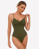 Olive green ruched V-neck thong bodysuit with thin spaghetti straps.