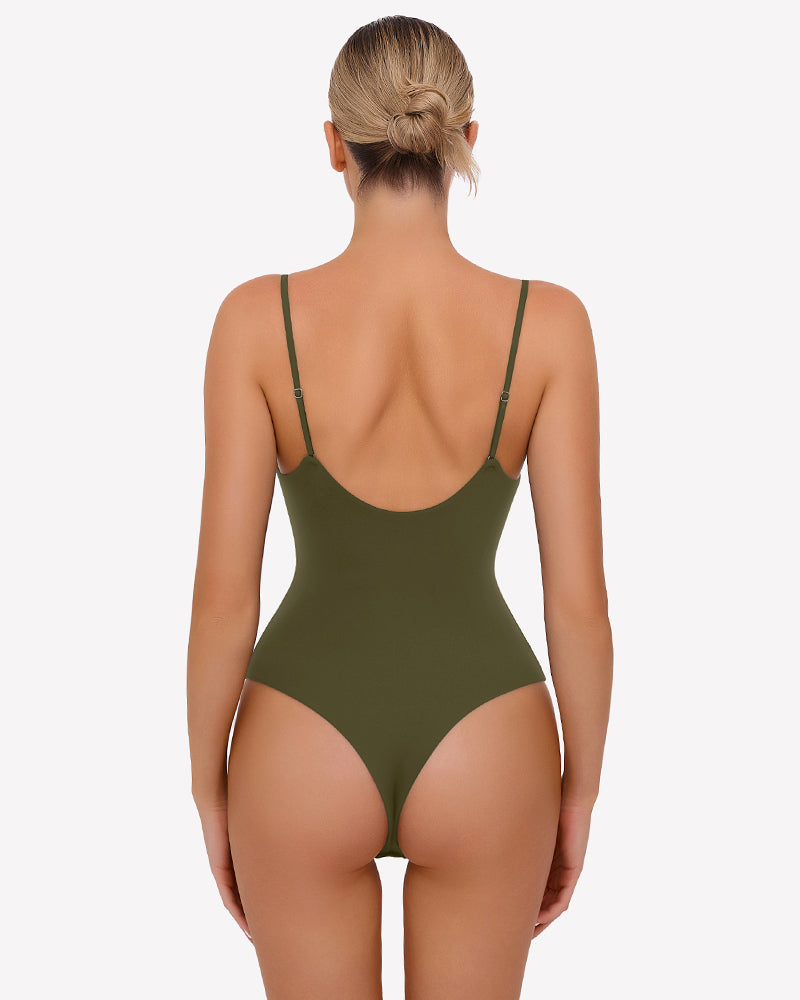 Olive green ruched thong bodysuit with thin spaghetti straps, back view.