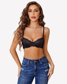 Black lace underwire bra with unlined sheer cups and adjustable shoulder straps