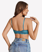 Teal lace underwire bra back view, adjustable straps and lace back band