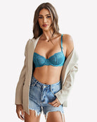 Teal lace underwire bra, underwire cups with lace trim and adjustable straps