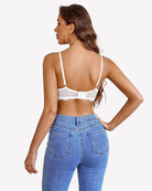 White lace underwire bra, back view with adjustable straps and strappy band