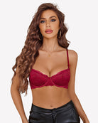 Wine red lace underwire bra with sheer cups and adjustable straps
