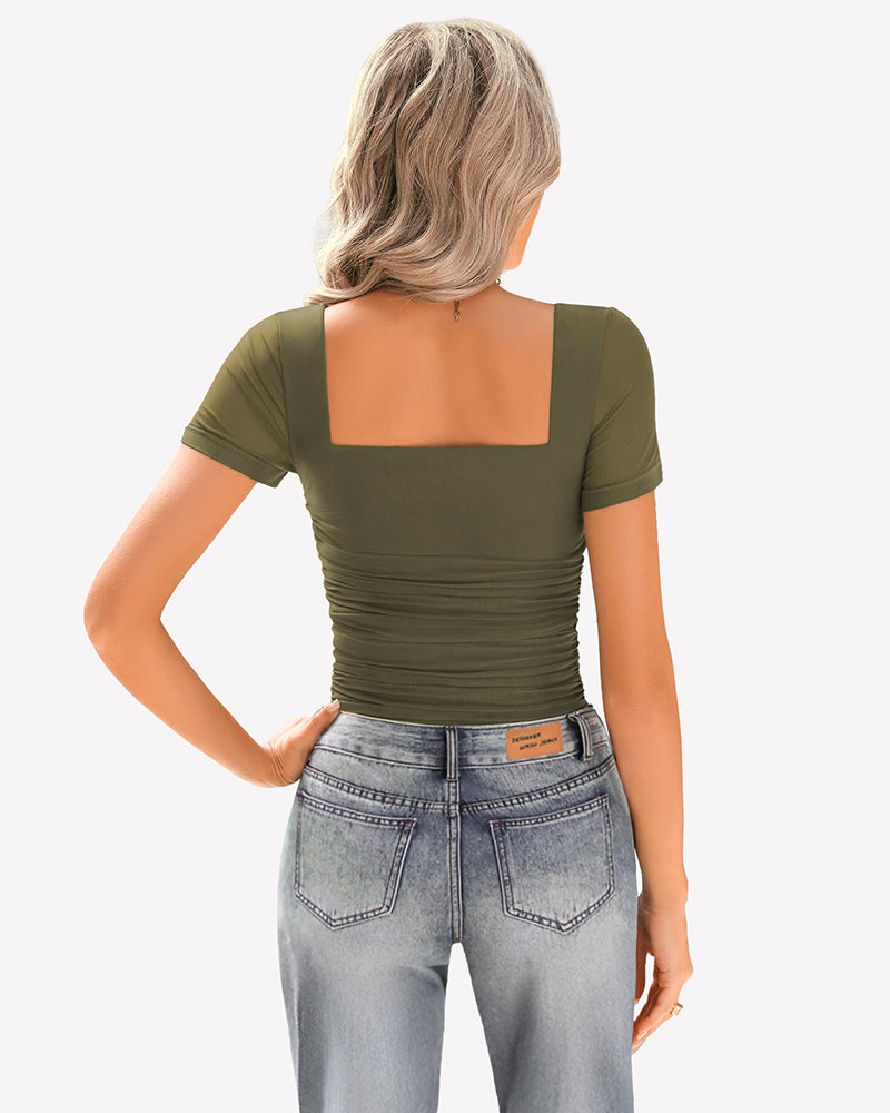 Sheer mesh ruched short sleeve top back, olive green, square neckline
