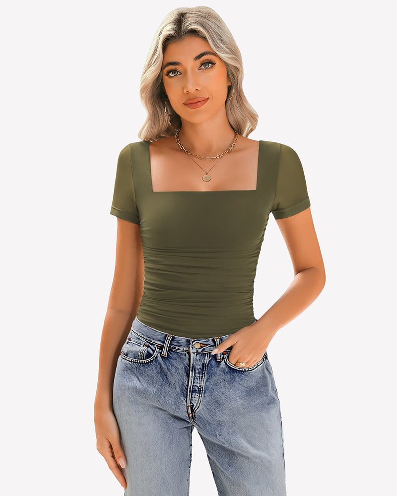 Sheer mesh ruched short sleeve top, olive green, square neckline