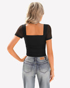 Sheer mesh ruched short sleeve top back, black, square neckline
