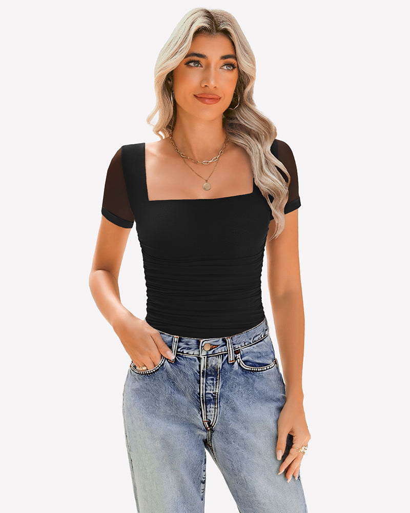 Sheer mesh ruched short sleeve top, black, square neckline