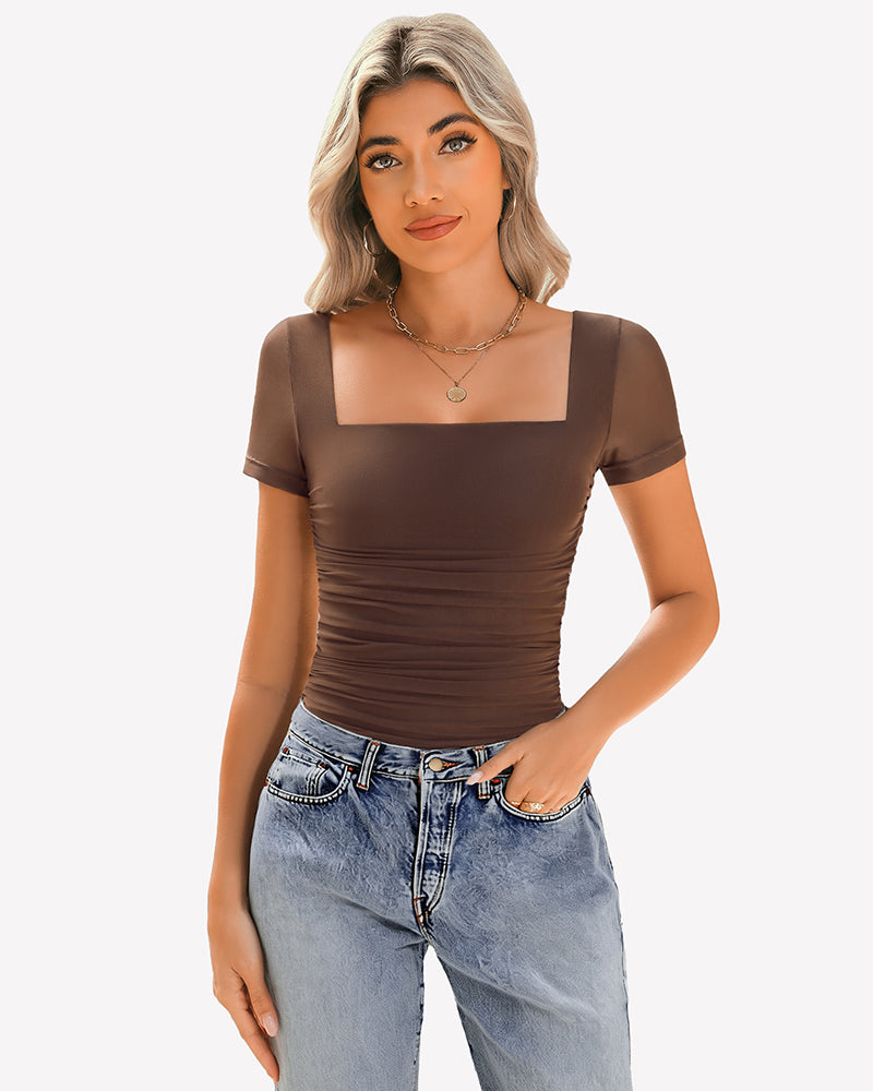 Sheer mesh ruched short sleeve top, brown, square neckline
