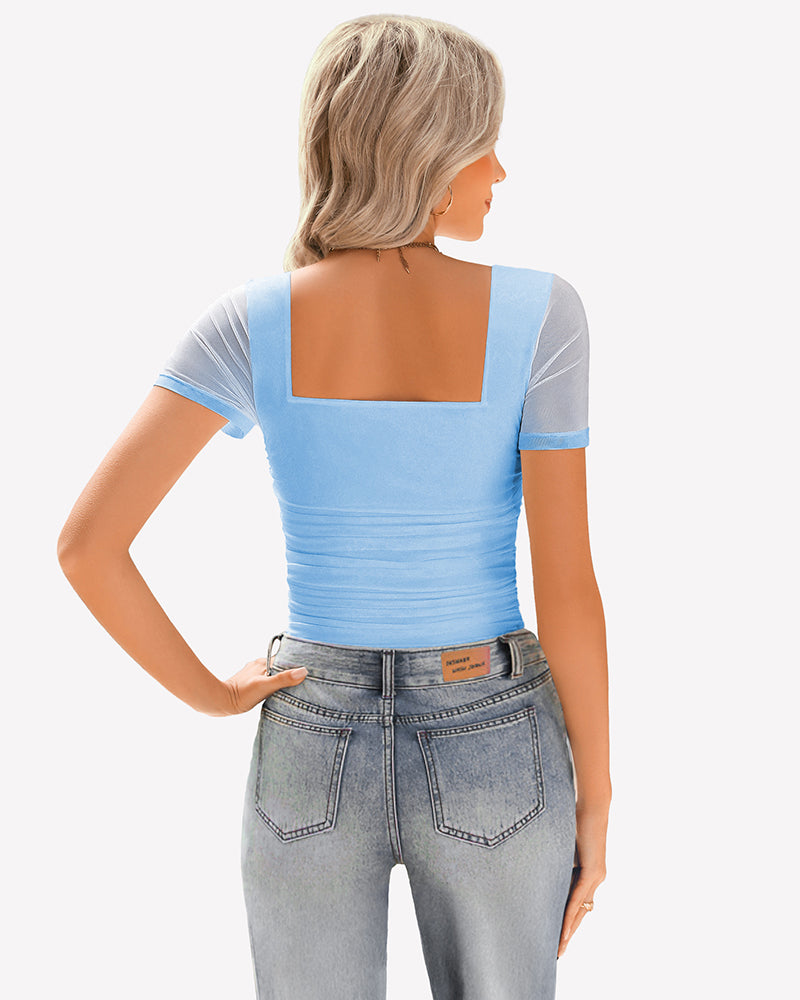 Sheer mesh ruched short sleeve top back, light blue with square neckline