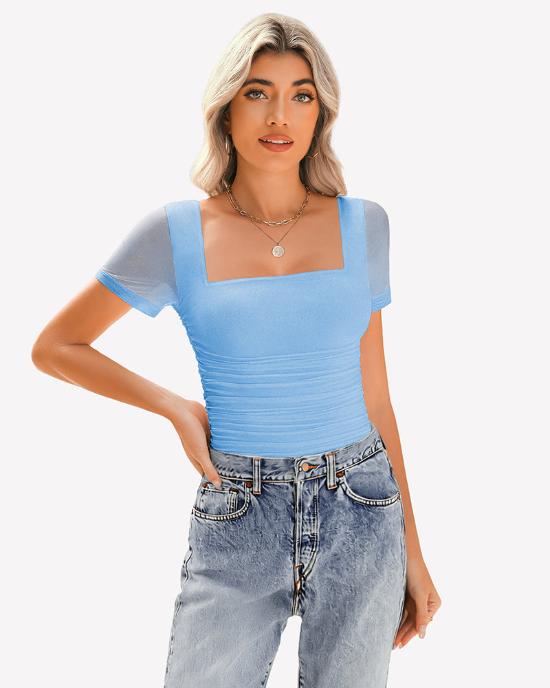 Sheer mesh ruched short sleeve top, light blue, square neckline