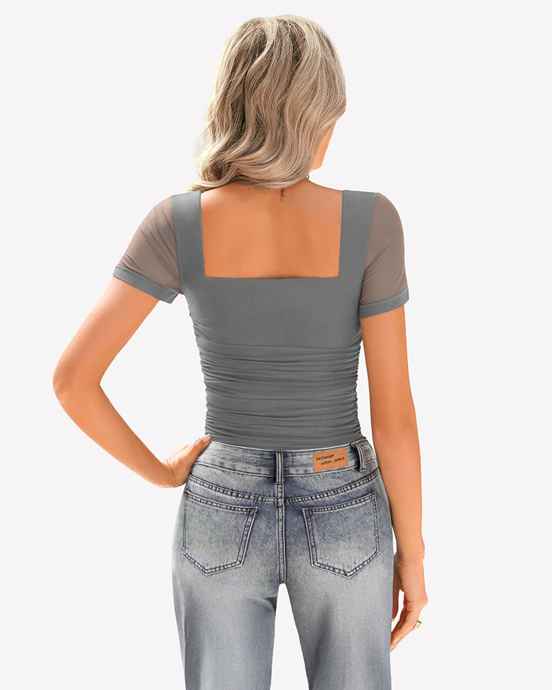 Sheer mesh ruched short sleeve top back, dark gray, square neckline