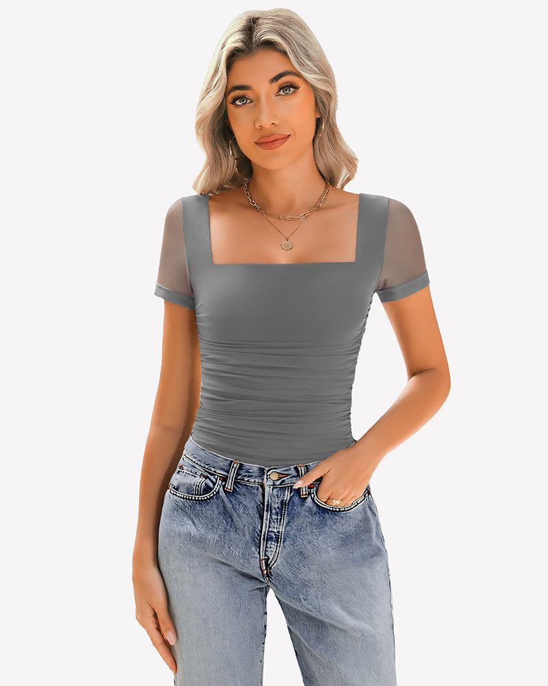 Sheer mesh ruched short sleeve top, dark gray, square neckline