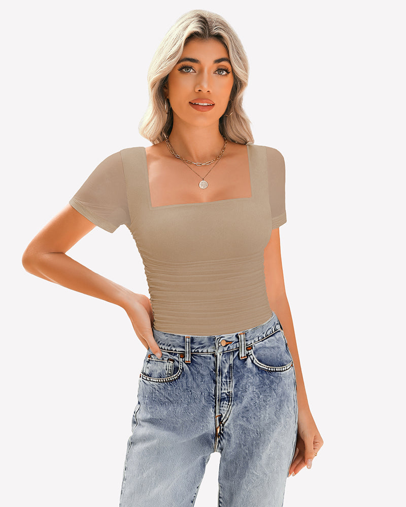 Khaki sheer mesh ruched short-sleeve top with square neckline