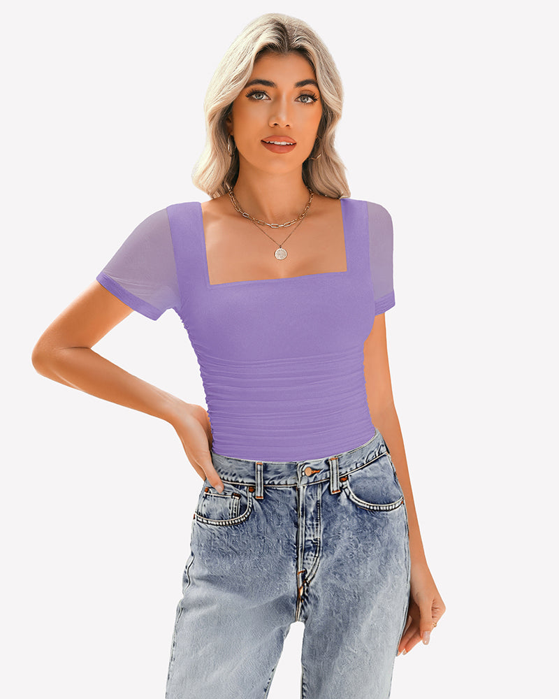 Violet sheer mesh ruched short-sleeve top with square neckline