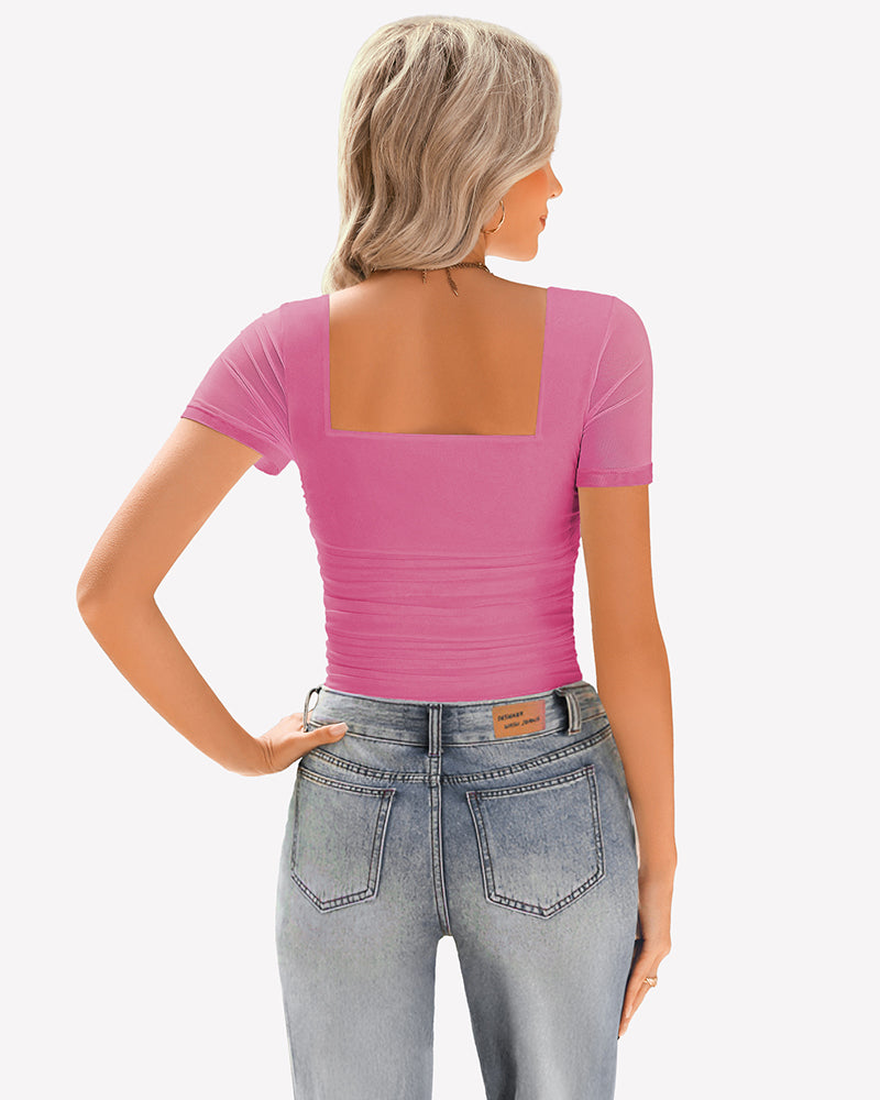 Pink sheer mesh ruched short-sleeve top, back view with square neckline