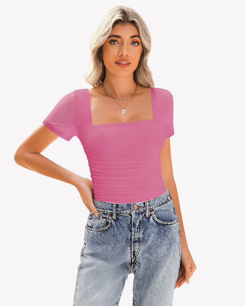 Pink sheer mesh ruched short-sleeve top with square neckline