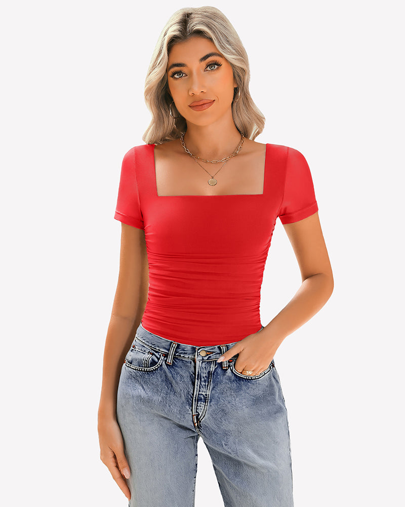 Red sheer mesh ruched short-sleeve top with square neckline
