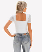 White sheer mesh ruched short-sleeve top, back view with square neckline