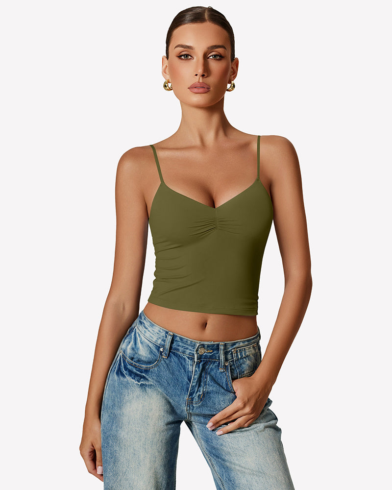 Army green ruched V-neck tank top with thin spaghetti straps