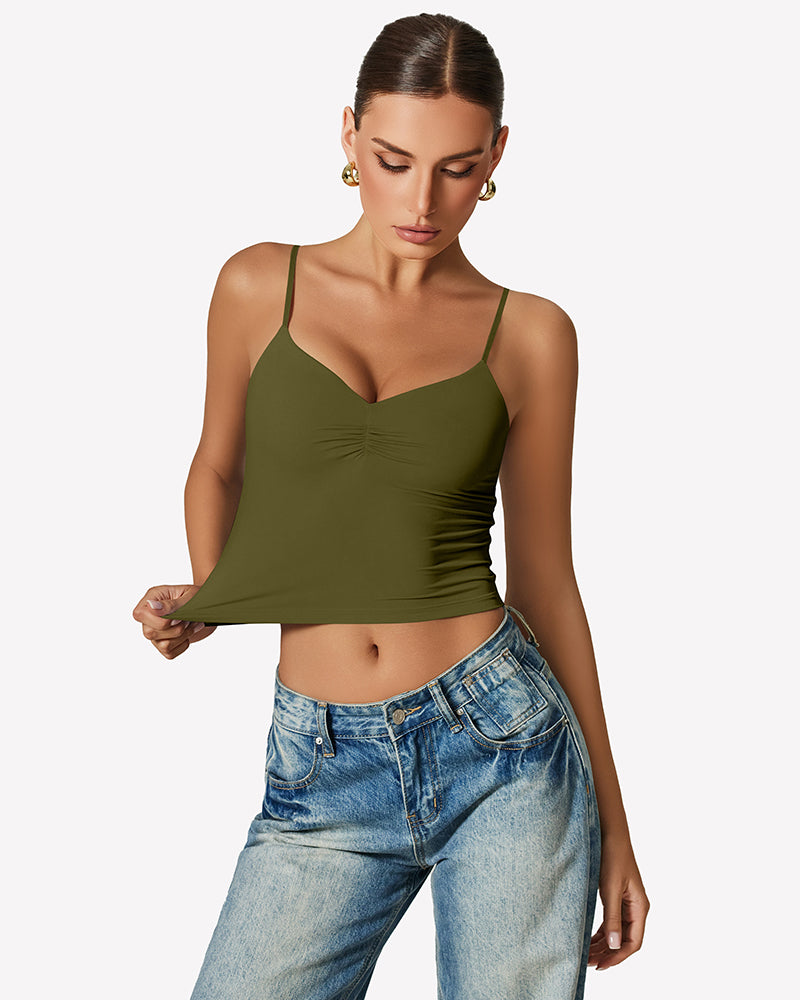 Olive ruched tank top with V neckline and thin spaghetti straps