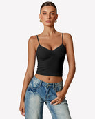Black ruched V-neck tank top with thin spaghetti straps