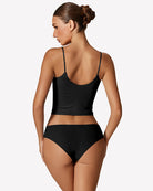 Black ruched V-neck tank top, open-back style with thin straps