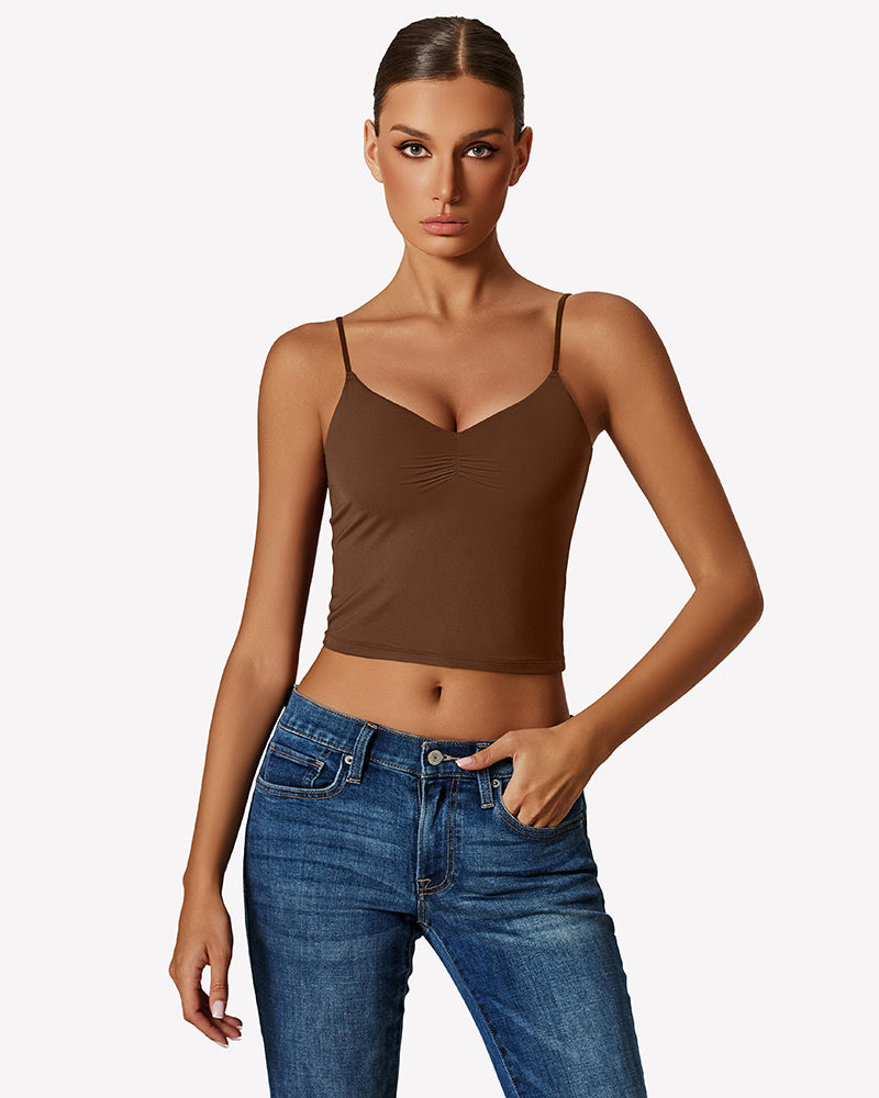 Brown ruched V-neck tank top with thin spaghetti straps