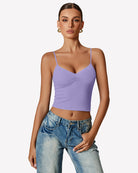 Lilac ruched tank top with V neckline and thin spaghetti straps