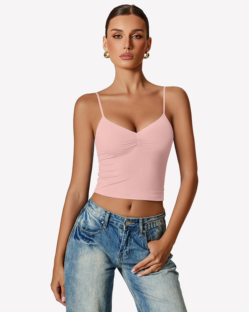 Light pink ruched V-neck tank top with thin spaghetti straps