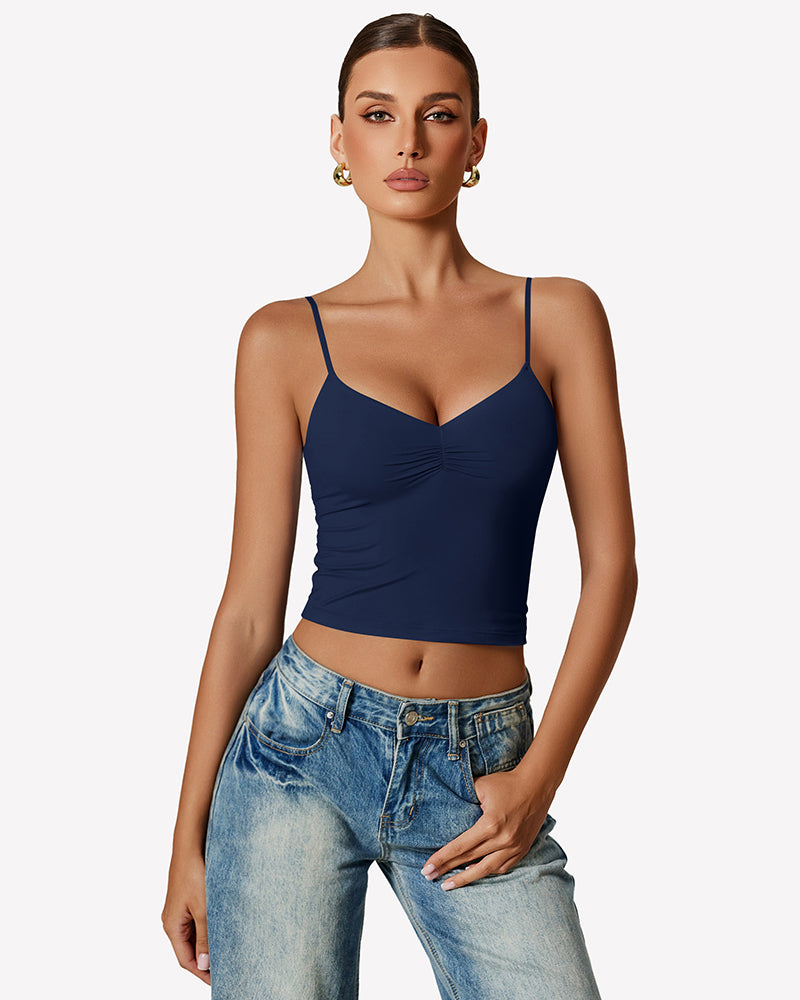 Navy ruched tank top with V neckline and thin spaghetti straps