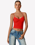 Red ruched tank top with V neckline and thin spaghetti straps