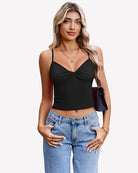 Black twist-front V-neck spaghetti strap crop tank top