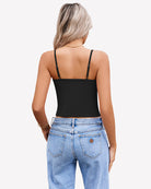 Black twist-front V-neck spaghetti strap crop tank top, back view