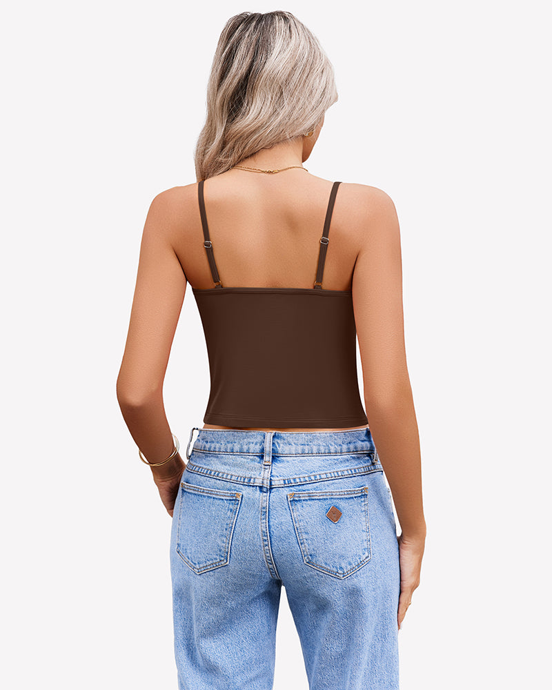 Brown twist-front V-neck spaghetti strap crop tank top, back view