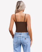 Brown twist-front V-neck spaghetti strap crop tank top, back view