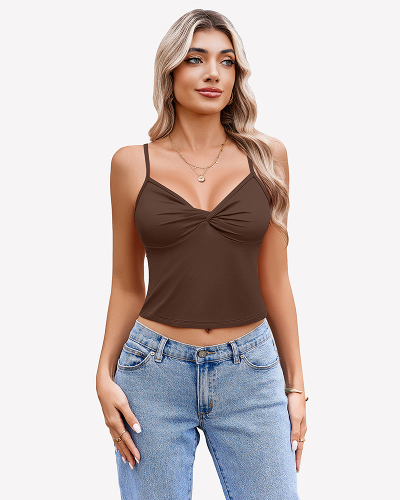 Brown twist-front V-neck spaghetti strap crop tank top