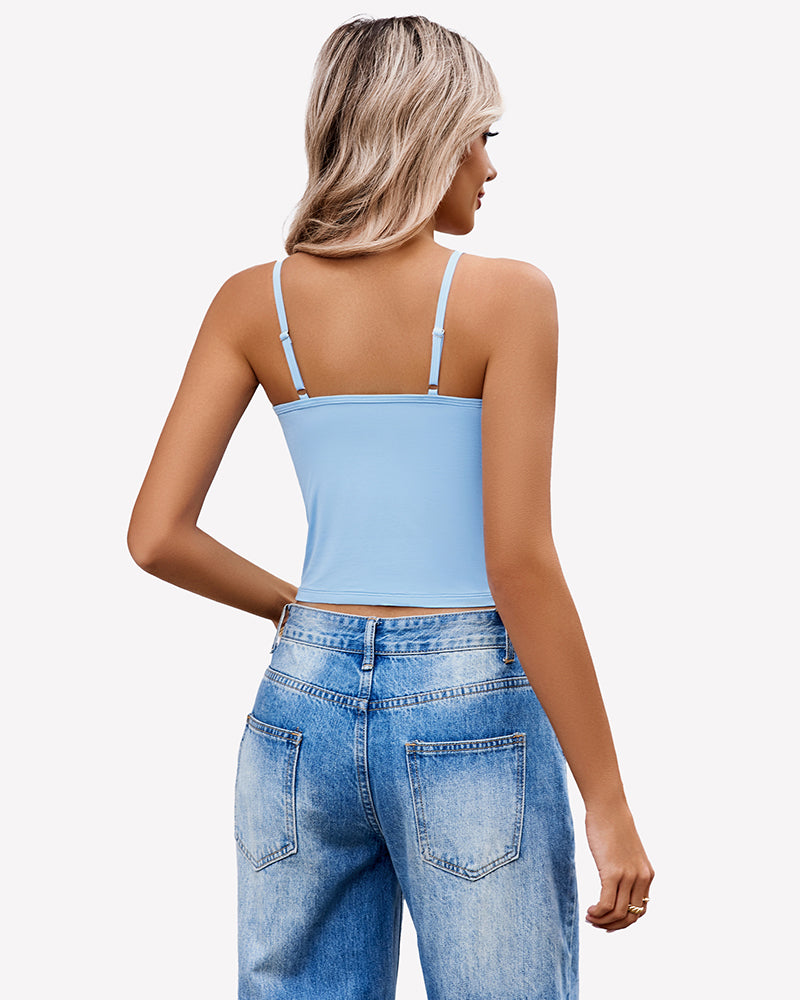 Light blue twist-front V-neck spaghetti strap crop tank top, back view
