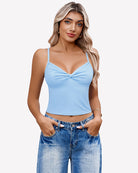 Light blue twist-front V-neck spaghetti strap crop tank top