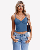 Blue twist-front V-neck spaghetti strap crop tank top
