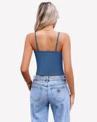 Blue twist-front V-neck spaghetti strap crop tank top, back view