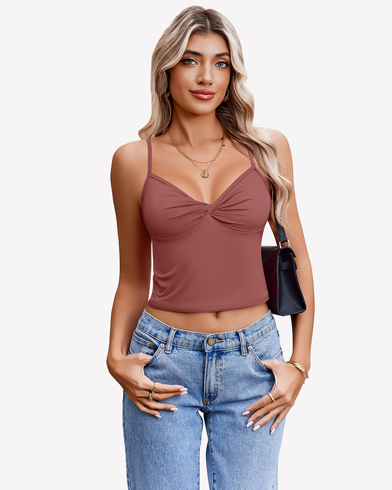 Mauve twist-front V-neck spaghetti strap crop tank top
