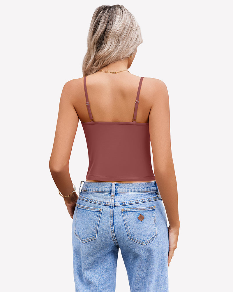 Mauve twist-front V-neck spaghetti strap crop tank top, back view