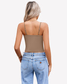 Women’s twist-front crop tank top with spaghetti straps, khaki/taupe color, V-neck front detail
